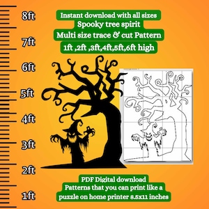 Peut inclure: Un motif numérique sur le thème d'Halloween avec un arbre effrayant et une figure fantomatique. Le motif est disponible en plusieurs tailles, de 30 cm à 183 cm de haut. L'image contient du texte qui dit "Téléchargement instantané" et "Téléchargement numérique PDF".