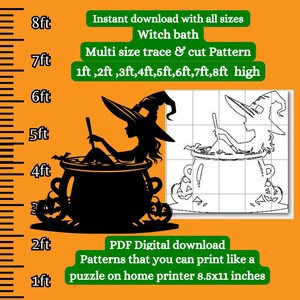 May include: A black and white digital download pattern of a witch sitting in a cauldron. The pattern is available in multiple sizes, from 1 to 8 feet high. The pattern can be printed on a home printer and cut out to create a Halloween decoration.