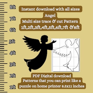 Puede incluir: Una descarga digital de un patrón de ángel en varios tamaños, de 1 a 8 pies. El patrón está diseñado para ser impreso en una impresora doméstica y cortado para crear un ángel decorativo. La imagen muestra una silueta negra del ángel y un contorno blanco del ángel en una cuadrícula.