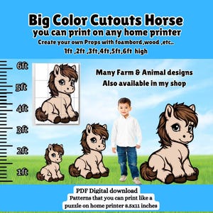Caballo poni de bebé de gran tamaño para recortar, accesorio de pie para bricolaje, PDF, decoración de fiesta de animales de granero de granja imprimible de 1 a 6 pies, imagen de fotomatón de dibujos animados
