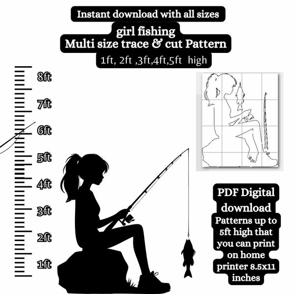 Life size Fishing teen girl, Farm ranch decor silhouette template, yard art pdf pattern , printable woodworking pattern, diy yard art ,porch