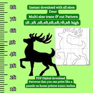 life size 1-8ft Reindeer silhouette Template Printable trace and Cut Christmas Silhouette Decor Stencils.PDF woodworking pattern yard cutout