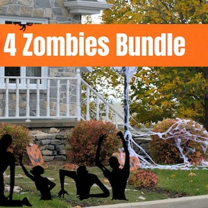 May include: Four black silhouette zombie yard decorations in a front garden setting. The sign above reads "4 Zombies Bundle".