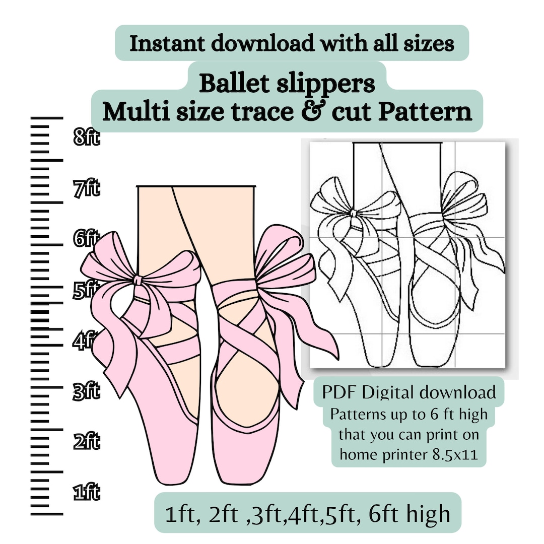 6 Sizes Ballet Slippers Shoes Pattern PDF Template , Printable Trace