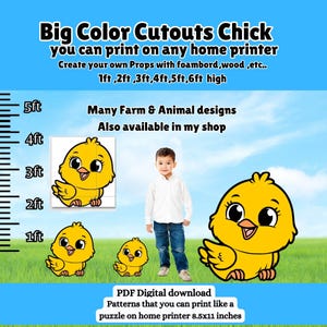 Pollito patito bebé de gran tamaño DIY, recorte de pie, utilería en formato PDF, decoración de fiesta de animales de granja de 1 a 6 pies, imagen de fotomatón de dibujos animados