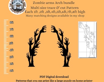 May include: Black silhouette of zombie arms forming an arch, with a matching design on the right. The image includes text: "Zombie arms Arch bundle" and "PDF Digital download". The design is available in sizes from 1ft to 8ft high.