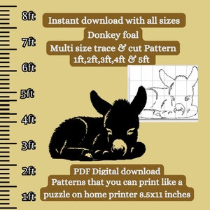 May include: A black and white silhouette of a donkey foal sleeping. The image is part of a multi-size trace and cut pattern for crafting projects. The pattern includes sizes from 1 to 5 feet and is available for instant download. The text "Instant download with all sizes" and "Donkey foal" is displayed above the image. The text "Multi size trace & cut Pattern 1ft,2ft,3ft, 4ft & 5ft" is displayed below the image. The text "PDF Digital download Patterns that you can print like a puzzle on home printer 8.5x11 inches" is displayed at the bottom of the image.
