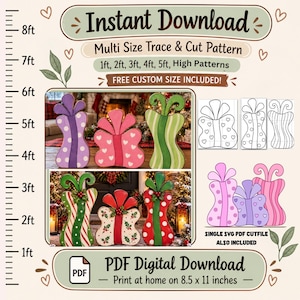 May include: Instant Download Multi Size Trace & Cut Pattern for Christmas gift decorations. Includes 1ft, 2ft, 3ft, 4ft, 5ft high patterns, PDF digital download for 8.5 x 11 inches, and single SVG PDF cutfile. Features colorful gift box shapes.