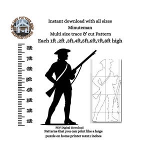 Puede incluir: Silueta negra de un Minuteman sosteniendo un rifle, con una escala de altura de 30 cm a 244 cm. La imagen incluye texto: "Descarga instantánea con todos los tamaños, Patrón de trazo y corte multi-tamaño". Una descarga digital PDF.
