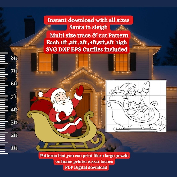 Life size Santa sleigh pattern PDF template ,Printable trace and Cut, Christmas silhouette Template, Stencils, Christmas yard decorations M1