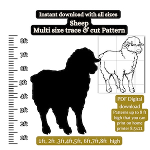 May include: Black and white silhouette of a sheep with a grid pattern overlay. The image includes a ruler with measurements in feet, and the text "Instant download with all sizes Sheep Multi size trace & cut Pattern PDF Digital download Patterns up to 8 ft high that you can print on home printer 8.5x11 1ft, 2ft,3ft,4ft,5ft, 6ft, 7ft, 8ft high".