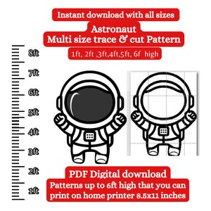 Peut inclure: Illustration en noir et blanc d'un astronaute en lignes. L'image comprend une règle avec des mesures en pieds, indiquant la hauteur de l'astronaute. Le texte "Téléchargement instantané avec toutes les tailles" et "Astronaute Modèle de tracé et de découpe multi-tailles" est inclus dans l'image. Le texte "1ft, 2ft, 3ft, 4ft, 5ft, 6f high" est également inclus dans l'image. Le texte "Téléchargement numérique PDF Modèles jusqu'à 6 pieds de haut que vous pouvez imprimer sur une imprimante domestique 8,5x11 pouces" est inclus dans l'image.