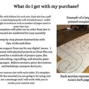 May include: A digital download of printable templates for crafting projects. The image shows a large printed template of the word "JOY" with each letter divided into 8.5x11 inch sections. The text describes the contents of the digital download, including PDF files, instructions, and customer support.