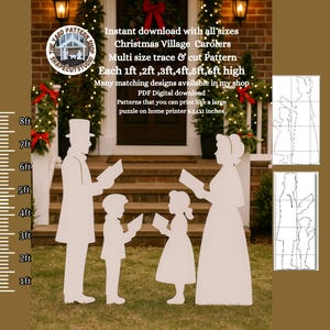 May include: Wooden Christmas Village Carolers cutouts, available in sizes from 30 cm to 183 cm high. The figures include a family of four singing carols, ideal for outdoor holiday decorations. The image also includes text about the product.