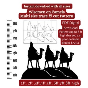 Op de afbeelding: Een zwart-wit digitaal downloadpatroon van drie wijzen die op kamelen rijden. Het patroon is verkrijgbaar in verschillende maten tot 8 voet hoog en kan worden afgedrukt op een standaardprinter van 8,5x11 inch.