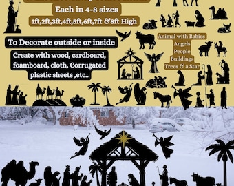 Bauen Sie ein benutzerdefiniertes lebensgroßes Diy 1 ft bis 8 ft-Krippenszenenpaket, Weihnachts-Silhouette-Vorlage, Hofkunst-PDF, druckbares Holzbearbeitungsmuster