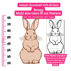 May include: Printable bunny pattern in multiple sizes, from 1 to 6 feet tall. The pattern is shown in both color and black and white. The image includes a ruler to show the different sizes.