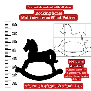 Può includere: Modello di cavallo a dondolo in bianco e nero con un righello che mostra le dimensioni da 1 a 8 piedi. Il testo "Rocking horse Multi size trace & cut Pattern" è in rosso. Il testo "PDF Digital download Patterns up to 8 ft high that you can print on home printer 8.5x11" è in una casella bianca con bordo nero. Il testo "1ft, 2ft, 3ft, 4ft, 5ft, 6ft, 7ft, 8ft high" è in rosso.