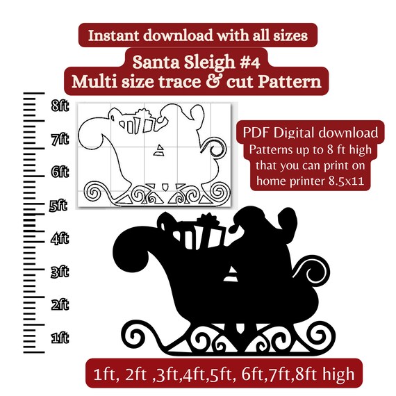 1ft-8ft Fancy Santa sleigh pattern PDF template ,Printable trace and Cut, Christmas silhouette Template, Stencils, yard art decorations P2