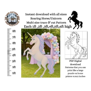 Figura gigante recortable de unicornio encabritado, 6 tamaños, plantilla imprimible en PDF, plantilla, carro, castillo, plantilla de arte digital para jardín