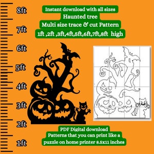 May include: A digital download pattern for a haunted tree with pumpkins and a cat. The pattern is available in multiple sizes, from 1 foot to 8 feet tall. The pattern can be printed on a home printer and assembled like a puzzle. The image shows a black silhouette of the tree and pumpkins on an orange background.
