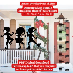 May include: A digital download pattern for three dancing elves in silhouette. The pattern is available in multiple sizes, from 1 foot to 8 feet tall, and can be printed on a home printer. The image shows a ruler with measurements in feet.