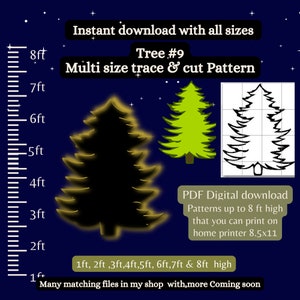 Può includere: Un modello di download digitale per un albero di Natale in diverse dimensioni, da 1 a 8 piedi di altezza. Il modello è mostrato su uno sfondo blu scuro con stelle. Il testo "Tree #9" e "Multi size trace & cut Pattern" è incluso anche nell'immagine.