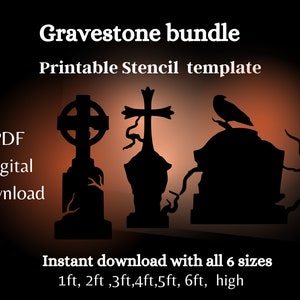 Op de afbeelding: Een digitale download van zes printbare grafsteenschablonen in verschillende maten, variërend van 1 tot 6 voet hoog. De sjablonen bevatten een kruis, een Keltisch kruis en een grafsteen met een kraai erop. De tekst "Gravestone bundle" en "Printable Stencil template" wordt bovenaan de afbeelding weergegeven.