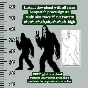 Scie à chantourner Bigfoot signe de la paix taille réelle de 2,5 à 3,8 mètres, lot de modèles de pochoirs Silhouette Sasquatch, trace imprimable découpe PDF