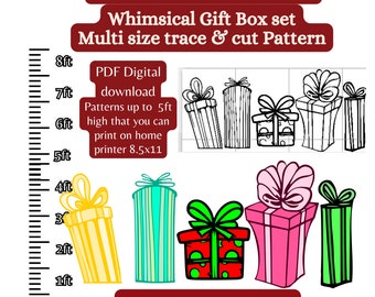 May include: A digital download of a whimsical gift box set with trace and cut patterns. The set includes five different sizes of gift boxes, ranging from 1 foot to 5 feet in height. The boxes are illustrated in various colors, including yellow, green, pink, and red. The image includes a ruler to show the size of each box.