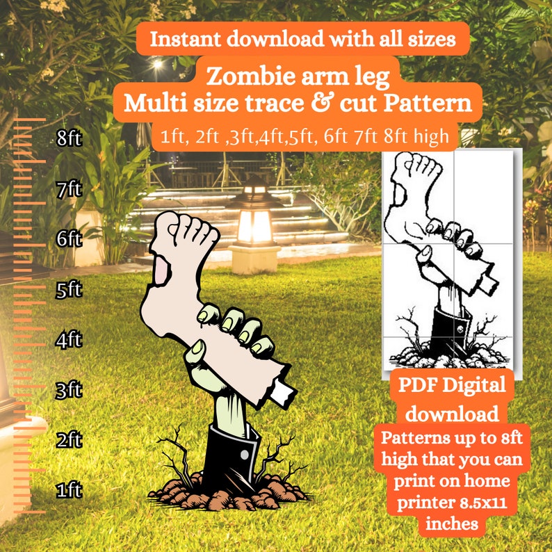 Zombie Ruler Zombie Arm Silhouette Template , Halloween PDF Pattern ,8ft Living Dead ...
