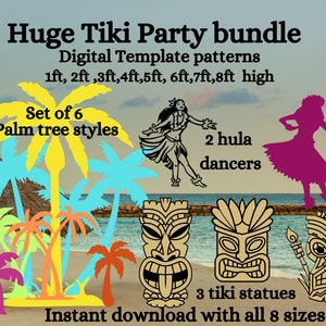 以下が含まれることがあります： ティキパーティーの装飾の8つのサイズをデジタルダウンロードできます。6つのヤシの木のスタイル、2人のフラダンサー、3つのティキ像が含まれています。装飾は、黄色、緑、ピンク、茶色など、さまざまな色です。画像のテキストには、「Huge Tiki Party bundle」、「Digital Template patterns」、「1ft、2ft、3ft、4ft、5ft、6ft、7ft、8ft high」、「Set of 6」、「Palm tree styles」、「2 hula dancers」、「3 tiki statues」、「Instant download with all 8 sizes」と記載されています。