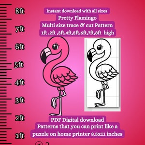 May include: Printable pattern of a pink flamingo in various sizes from 1 to 8 feet tall. The pattern is designed to be printed on a home printer and cut out for crafting projects. The image shows a pink flamingo and a black and white outline of the same flamingo.