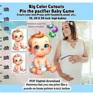 DIY gigante Pin a chupeta no jogo do bebê recorte suporte adereço pdf, decoração de chá de bebê para impressão, foto de cabine de fotos desenho animado, impressão em casa