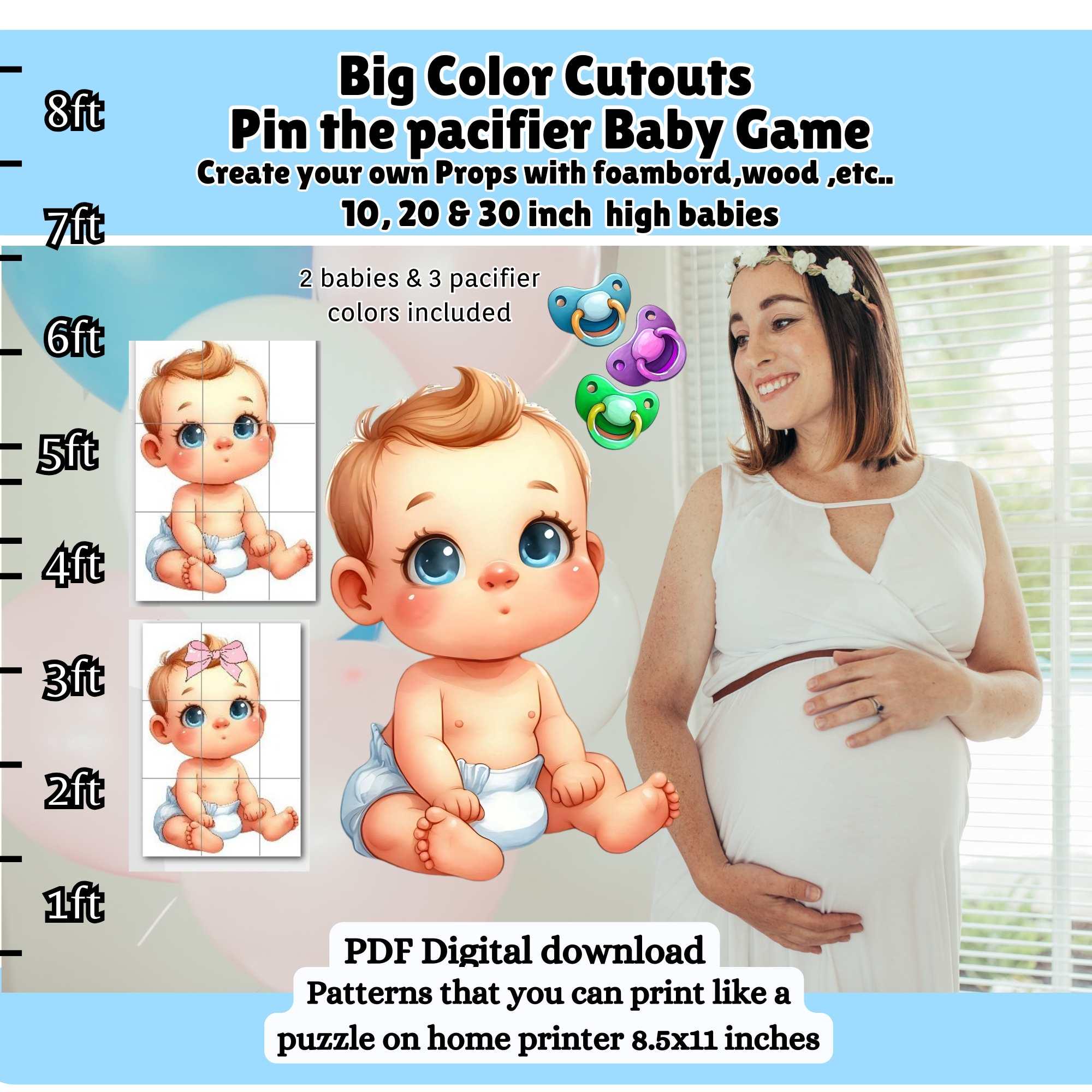 Gioco Pin The Pacifier On The Baby - Poster Baby Shower Rosa, 48 Adesivi Ciuccio, Per Feste Bambini E Compleanni