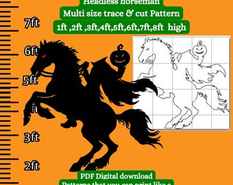 May include: A digital download pattern for a headless horseman on a horse. The pattern is available in multiple sizes from 1 to 8 feet tall. The pattern is designed to be printed on an 8.5x11 inch home printer.