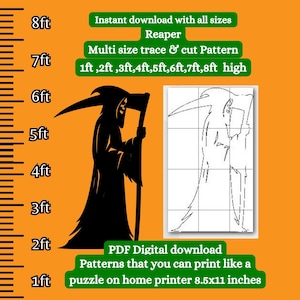 Könnte beinhalten: Ein digitaler Download-Schnittmuster eines Sensenmanns. Das Muster ist in verschiedenen Größen von 1 bis 8 Fuß Höhe erhältlich und kann auf einem Heimdrucker gedruckt werden. Das Bild zeigt eine schwarze Silhouette des Sensenmanns, der eine Sense hält, mit einem Gitter dahinter, um zu zeigen, wie das Muster geschnitten wird.