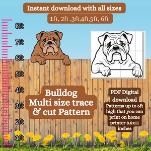May include: A digital download pattern of a bulldog peeking over a wooden fence. The pattern is available in multiple sizes up to 6 feet tall and can be printed on a standard 8.5x11 inch printer.