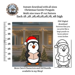 May include: A Christmas Caroler Penguin yard decoration pattern. The penguin is black and white, wearing a red Santa hat, and holding a book. The pattern is available in sizes from 1 foot to 8 feet high.