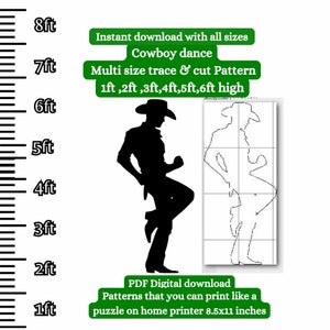 May include: A black silhouette of a cowboy dancing, with a grid pattern overlayed on the right side. The image includes text that reads "Instant download with all sizes Cowboy dance Multi size trace & cut Pattern 1ft, 2ft, 3ft, 4ft, 5ft, 6ft high PDF Digital download Patterns that you can print like a puzzle on home printer 8.5x11 inches".