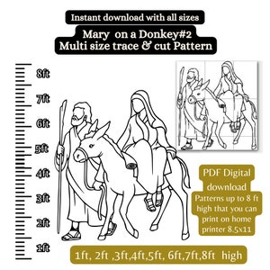 Può includere: Illustrazione in bianco e nero di linee d'arte di Maria che cavalca un asino con Giuseppe che cammina al suo fianco. L'immagine è un modello stampabile per tracciare e tagliare. Il modello è disponibile in dimensioni da 1 a 8 piedi di altezza.