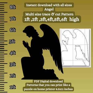 Puede incluir: Un patrón de descarga digital de una silueta de ángel rezando en negro. El patrón está disponible en varios tamaños, de 30 a 180 cm de alto, y se puede imprimir en una impresora doméstica. La imagen incluye una regla para mostrar los diferentes tamaños.