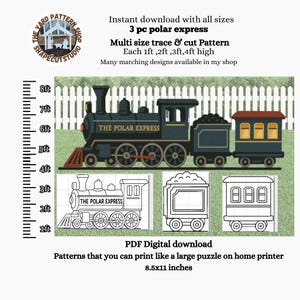 Op de afbeelding: Digitale download van een 3-delig Polar Express treinpatroon. De afbeelding toont een gedetailleerde illustratie van een blauw-zwarte trein met een rode voorkant en een passagierswagen. De tekst luidt "THE POLAR EXPRESS". Het patroon is verkrijgbaar in meerdere maten.
