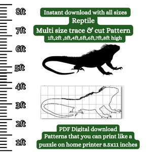 May include: A digital download of a reptile silhouette pattern in black and white. The pattern is available in multiple sizes, from 1 to 8 feet high, and can be printed on a home printer. The image includes a ruler for reference.