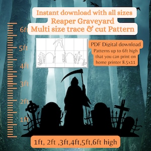 Life size Halloween Reaper graveyard silhouette template,  woodworking pattern, halloween Scene window silhouette pattern, zombie decal