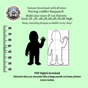 May include: A black silhouette of a waving Sasquatch, next to a grid outline. Text reads "Instant download with all sizes Waving toddler Sasquatch". The pattern is available in sizes from 30cm to 244cm high. PDF digital download.