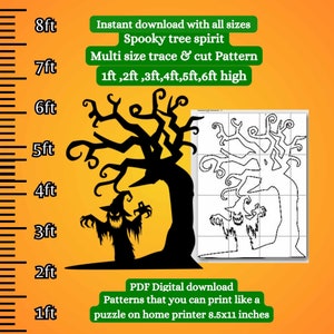 May include: A printable Halloween spooky tree spirit pattern in black and white. The pattern is available in multiple sizes, from 1 to 6 feet tall. The image includes a ruler for reference. The text reads: "Instant download with all sizes Spooky tree spirit Multi size trace & cut Pattern 1ft, 2ft, 3ft, 4ft, 5ft, 6ft high PDF Digital download Patterns that you can print like a puzzle on home printer 8.5x11 inches"