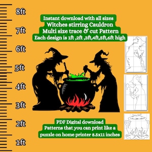 Modèle de silhouette de 1 pi-6 pi, scène d'Halloween sorcières remuant le chaudron, panneau décoratif pour garage, sticker motif silhouette fenêtre halloween