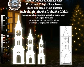 Life size Clock tower cutout silhouette Printable trace and Cut stencil transfer Template, yard art PDF woodworking pattern, 5ft 6ft 7ft 8ft