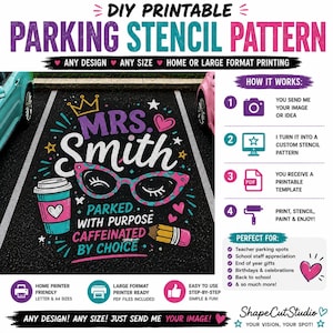 Janitor Teacher Parking Spot Artwork printable pattern  Stencil | Full Scale High school Spot PDF Template Diy trace and cut design